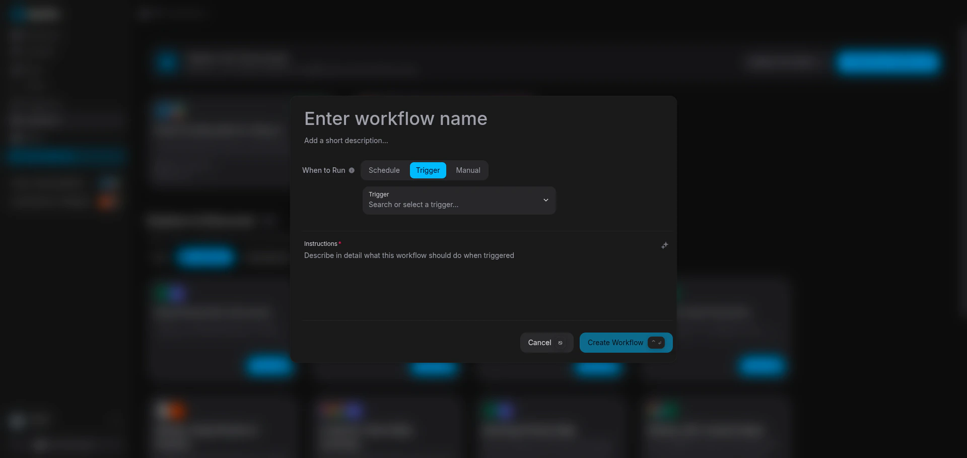 Create workflow modal with Trigger tab selected