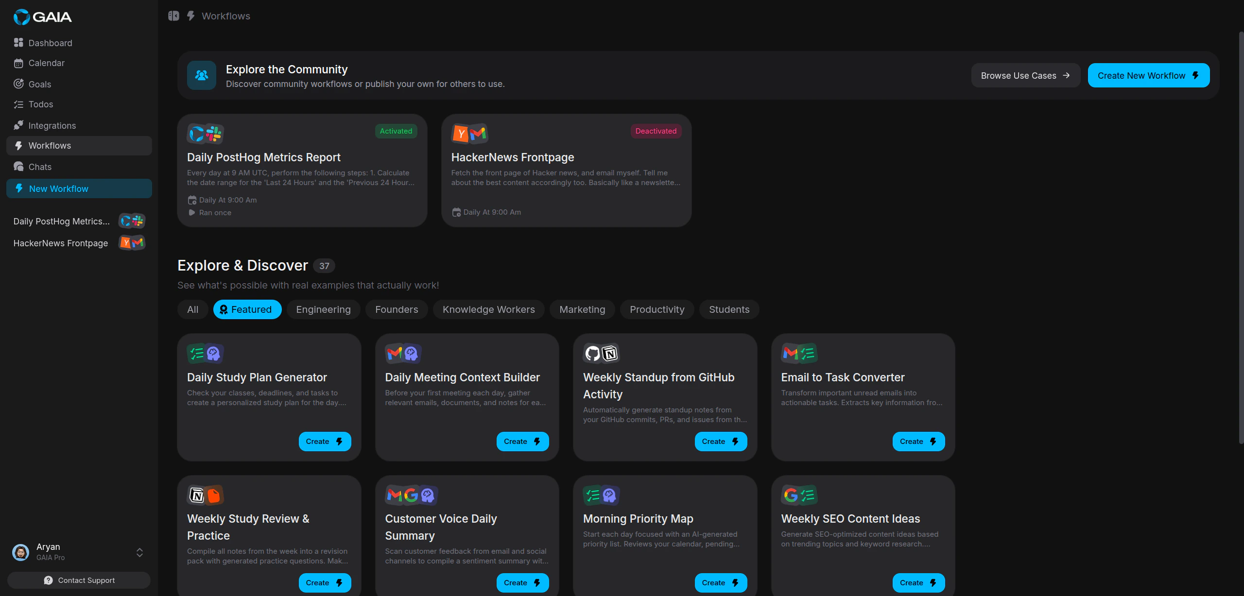 Workflows page showing existing workflows and create button
