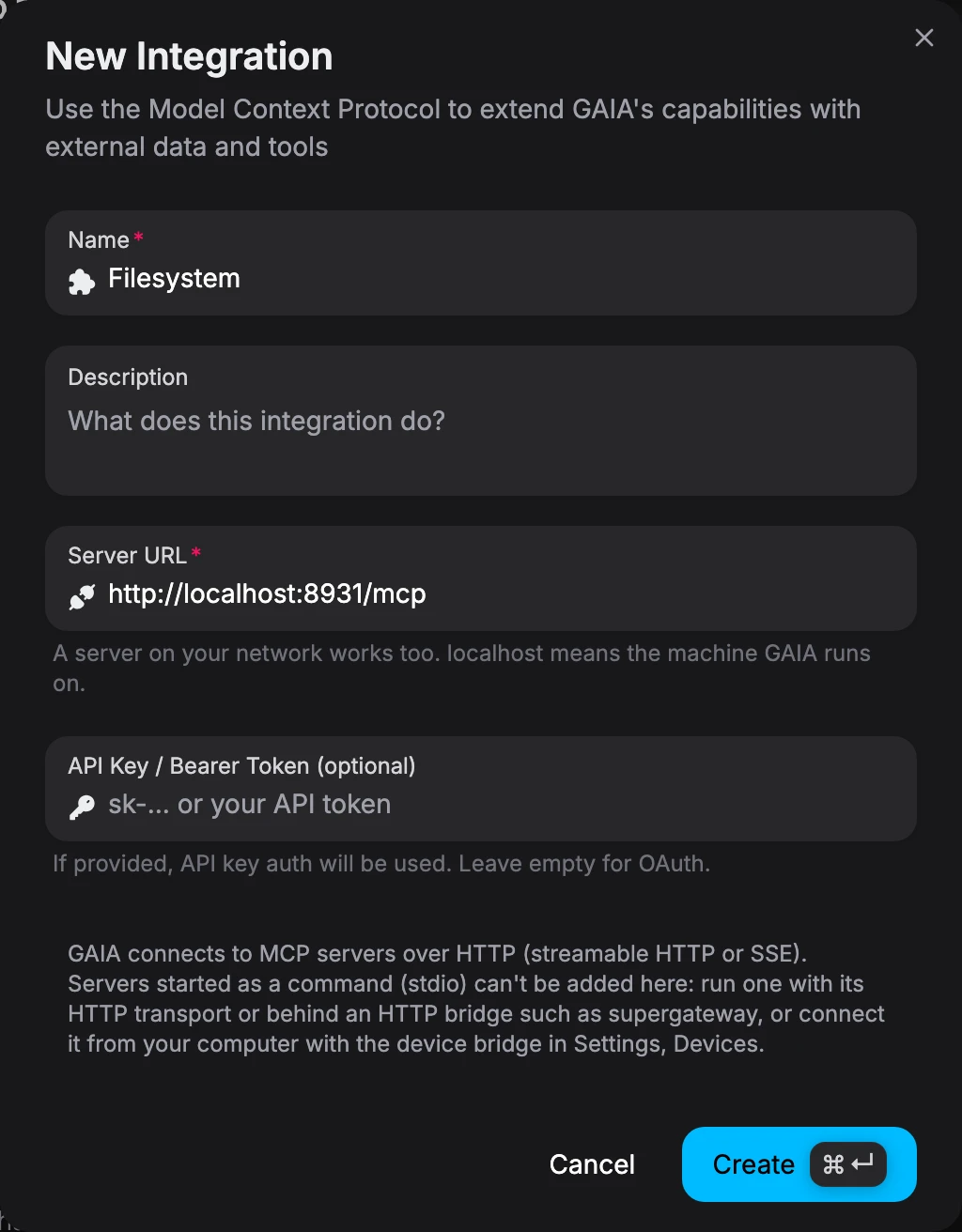 New Integration dialog with the name Filesystem, the server URL http://localhost:8931/mcp, an empty optional API Key / Bearer Token field, a note that GAIA connects to MCP servers over HTTP, and Cancel and Create buttons