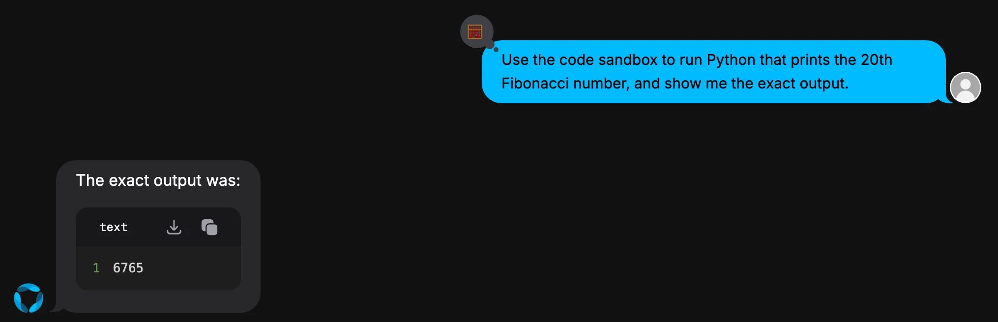 Chat where the user asks GAIA to run Python that prints the 20th Fibonacci number, and GAIA shows the output 6765
