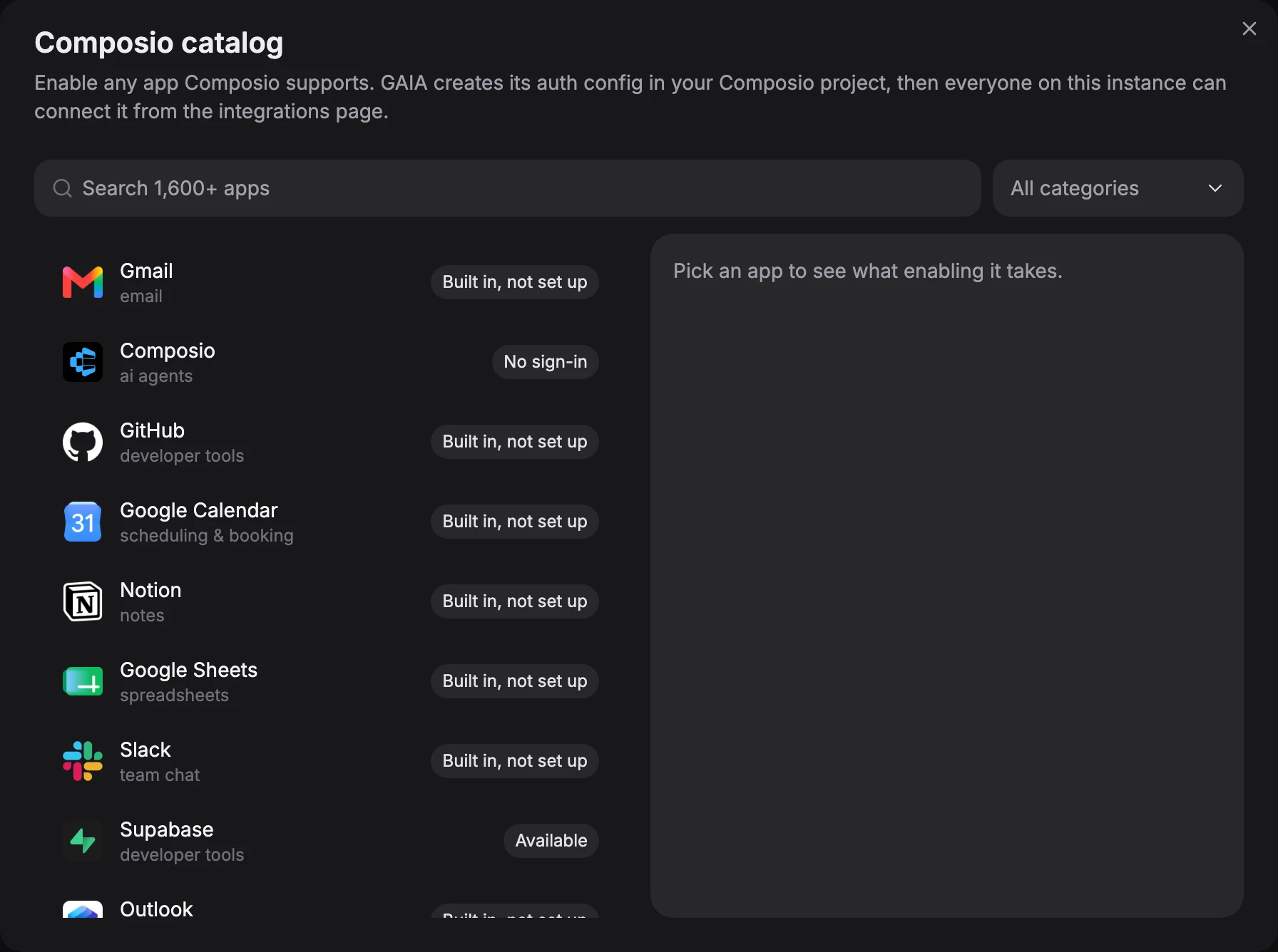 Composio catalog dialog with a Search 1,600+ apps box, an All categories filter, and a list of apps: Gmail, GitHub, Google Calendar, Notion, Google Sheets and Slack marked Built in, not set up, Composio marked No sign-in and Supabase marked Available, next to an empty pane reading Pick an app to see what enabling it takes