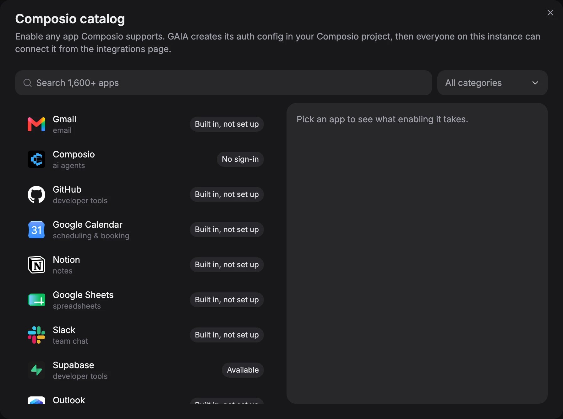 Composio catalog dialog with a Search 1,600+ apps box, an All categories filter, and a list of apps: Gmail, GitHub, Google Calendar, Notion, Google Sheets and Slack marked Built in, not set up, Composio marked No sign-in and Supabase marked Available, next to an empty pane reading Pick an app to see what enabling it takes
