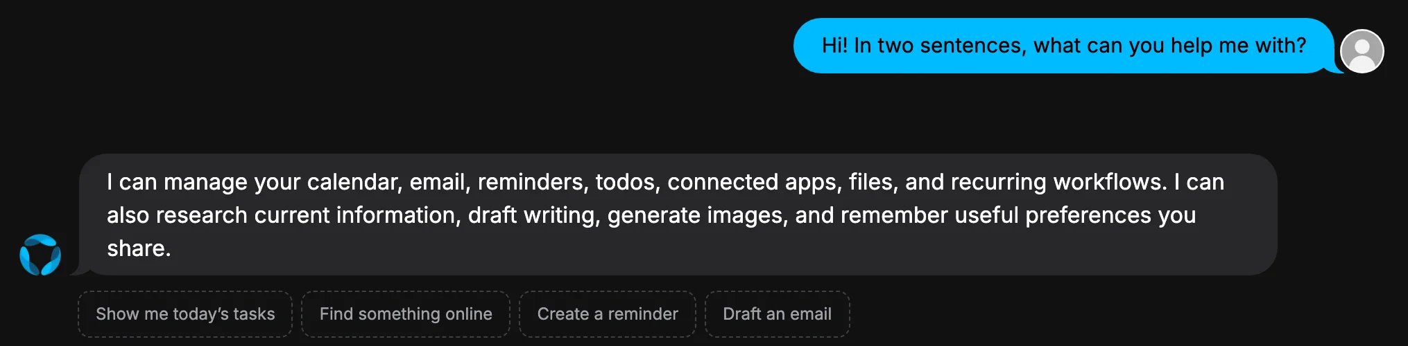 Chat where the user asks what GAIA can help with, and GAIA lists calendar, email, reminders, todos, connected apps, files and workflows