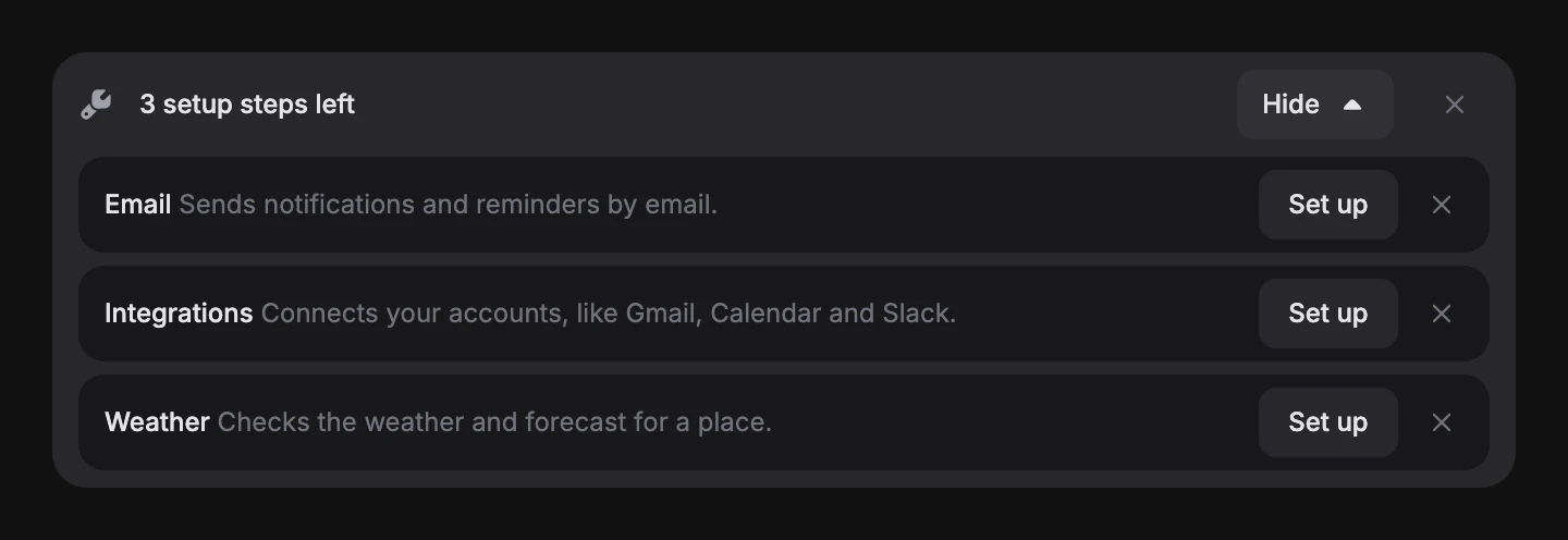 Setup banner reading 3 setup steps left, opened to list Email, Integrations and Weather, each with a Set up button and a dismiss cross