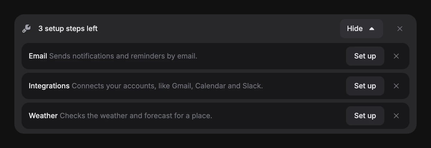 Setup banner reading 3 setup steps left, opened to list Email, Integrations and Weather, each with a Set up button and a dismiss cross