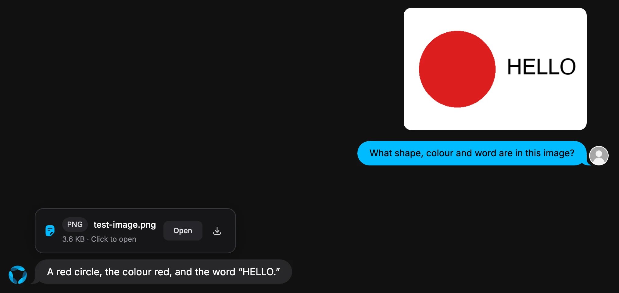 Chat with an uploaded image of a red circle and the word HELLO, and GAIA's reply: a red circle, the colour red, and the word HELLO