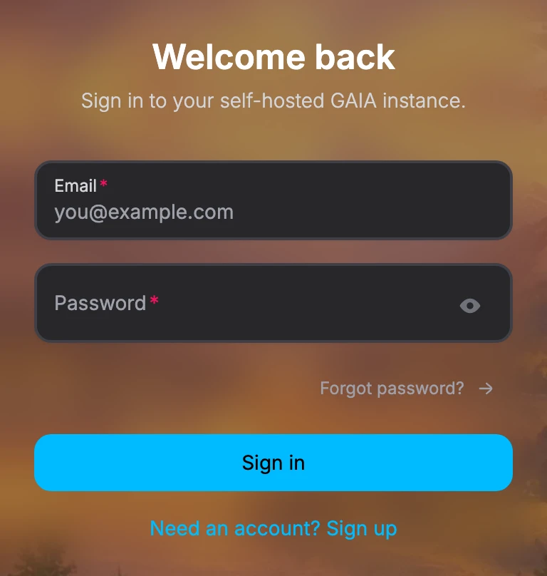 Welcome back sign-in page with email and password fields, a Sign in button and a link to sign up