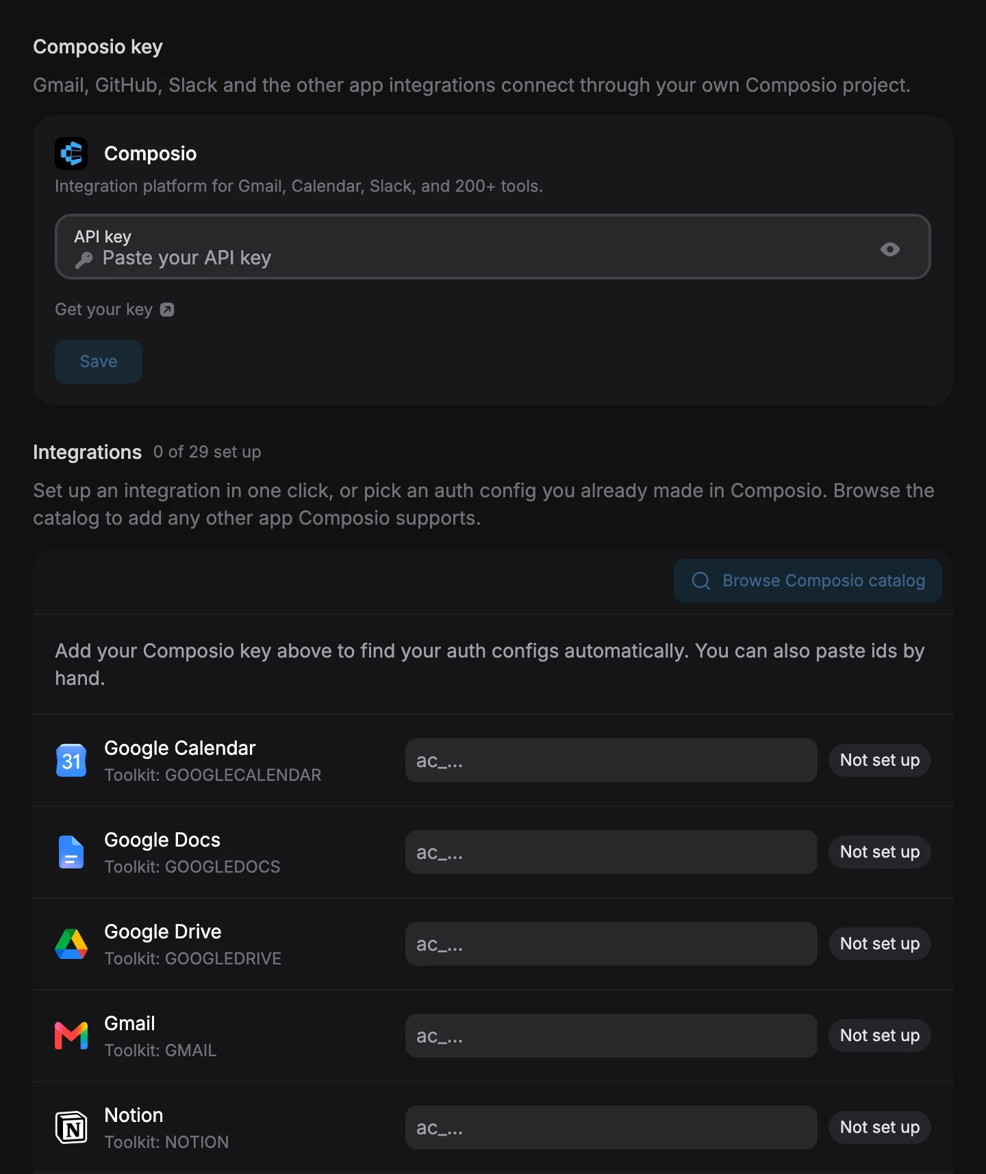 Integrations setup settings with a Composio API key field, a Browse Composio catalog button, and integrations such as Google Calendar, Google Docs, Google Drive, Gmail and Notion, each not set up yet