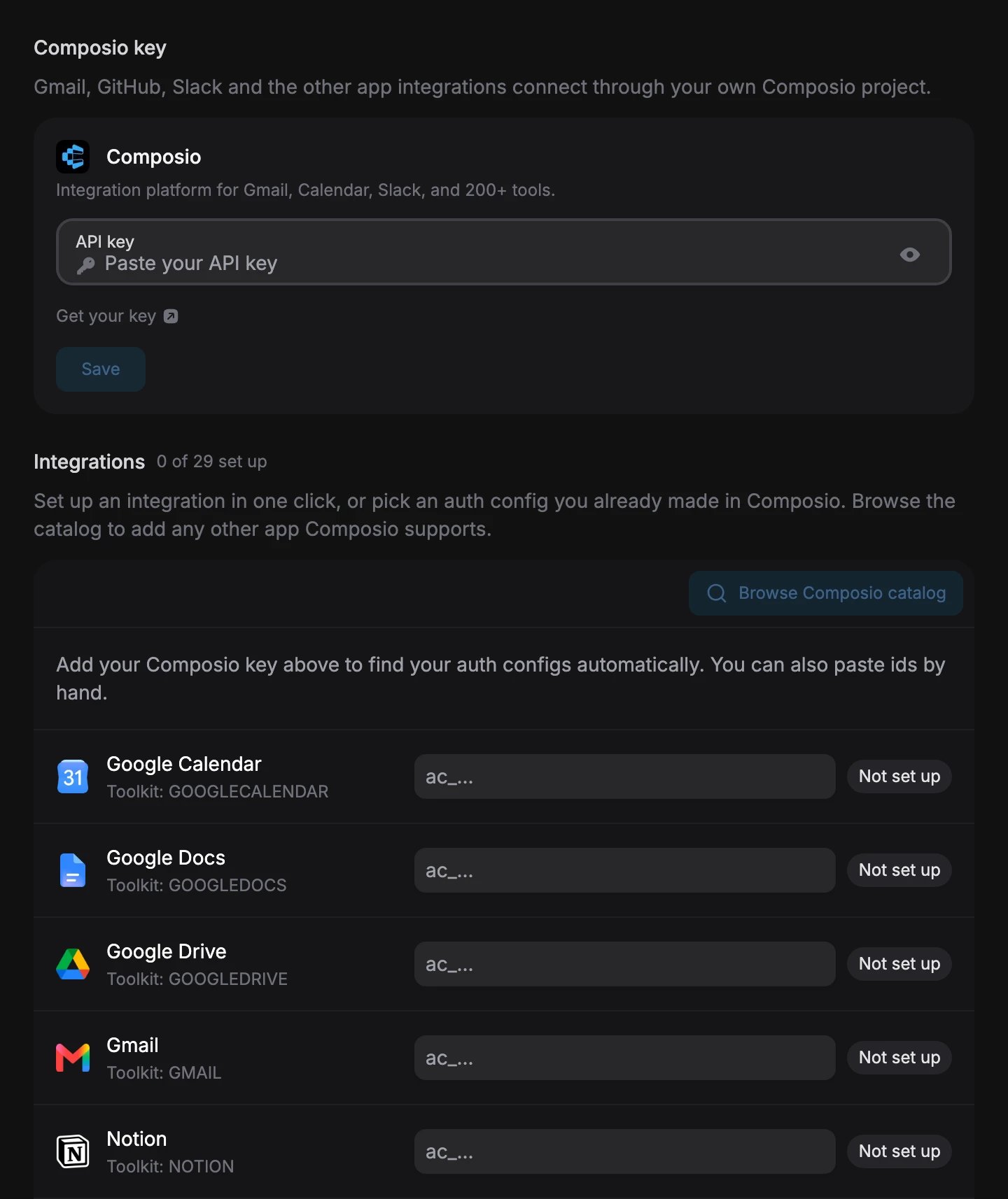 Integrations setup settings with a Composio API key field, a Browse Composio catalog button, and integrations such as Google Calendar, Google Docs, Google Drive, Gmail and Notion, each not set up yet