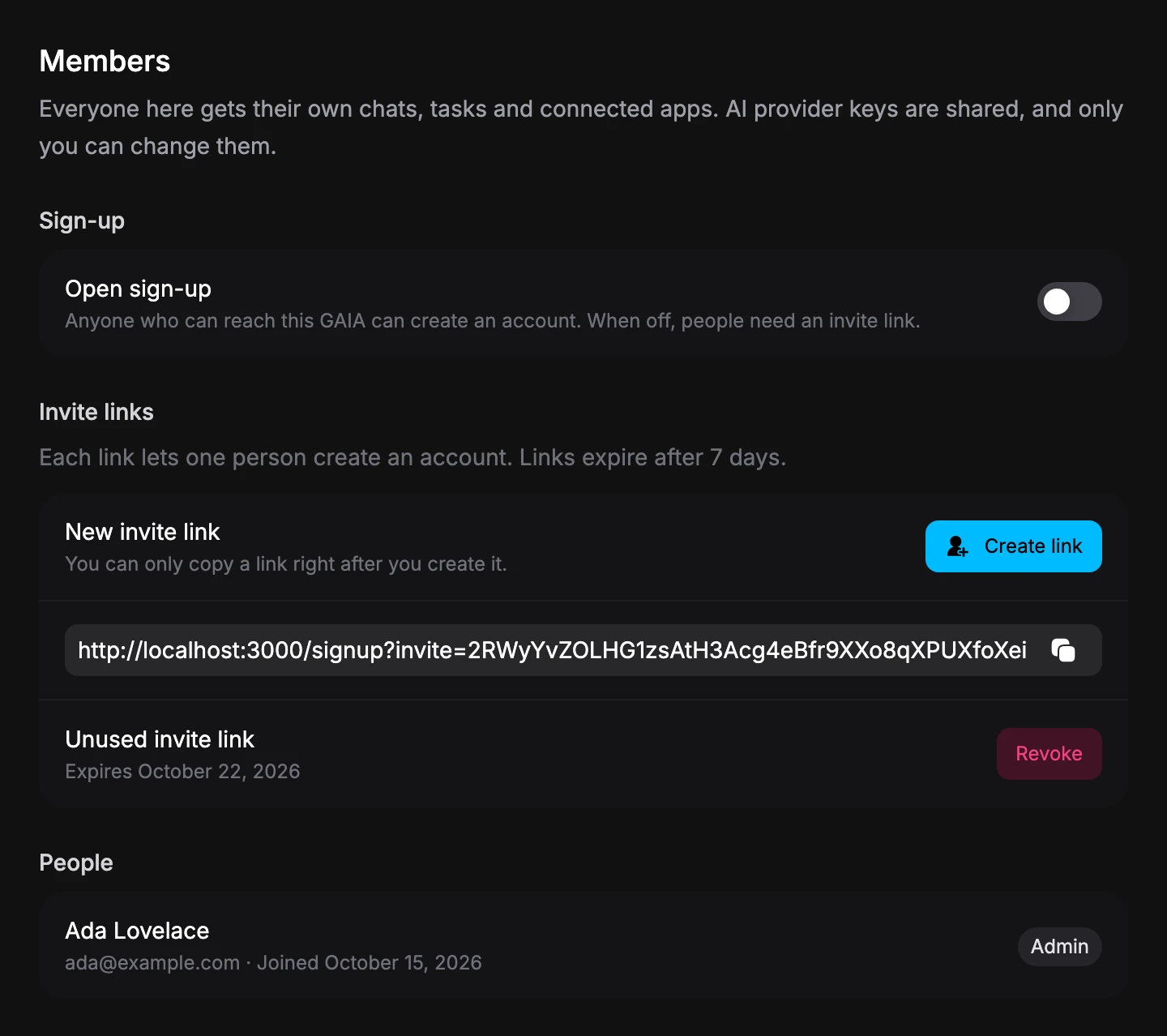 Members settings with the Open sign-up switch off, a freshly created invite link with a copy button, the unused invite with a Revoke button, and Ada Lovelace listed as Admin