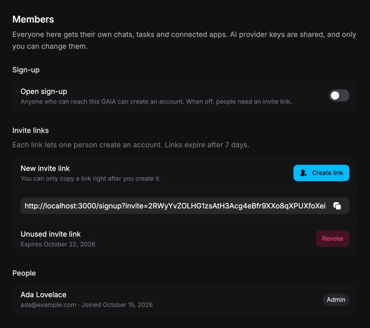 Members settings with the Open sign-up switch off, a freshly created invite link with a copy button, the unused invite with a Revoke button, and Ada Lovelace listed as Admin