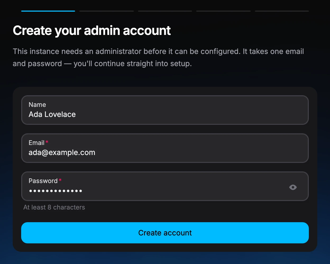 Setup step titled Create your admin account, with the name Ada Lovelace, the email ada@example.com and a hidden password filled in, above a Create account button