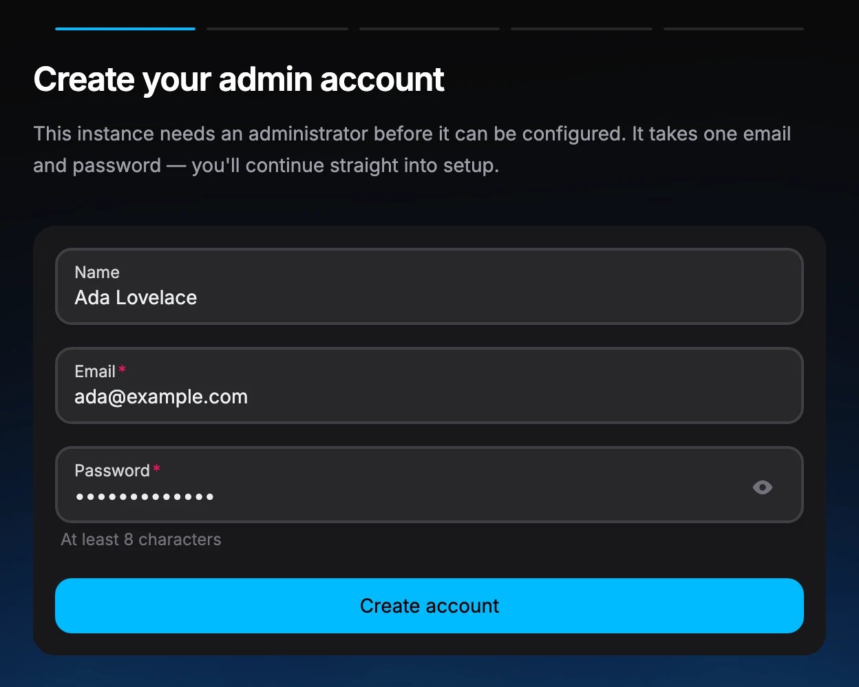 Setup step titled Create your admin account, with the name Ada Lovelace, the email ada@example.com and a hidden password filled in, above a Create account button
