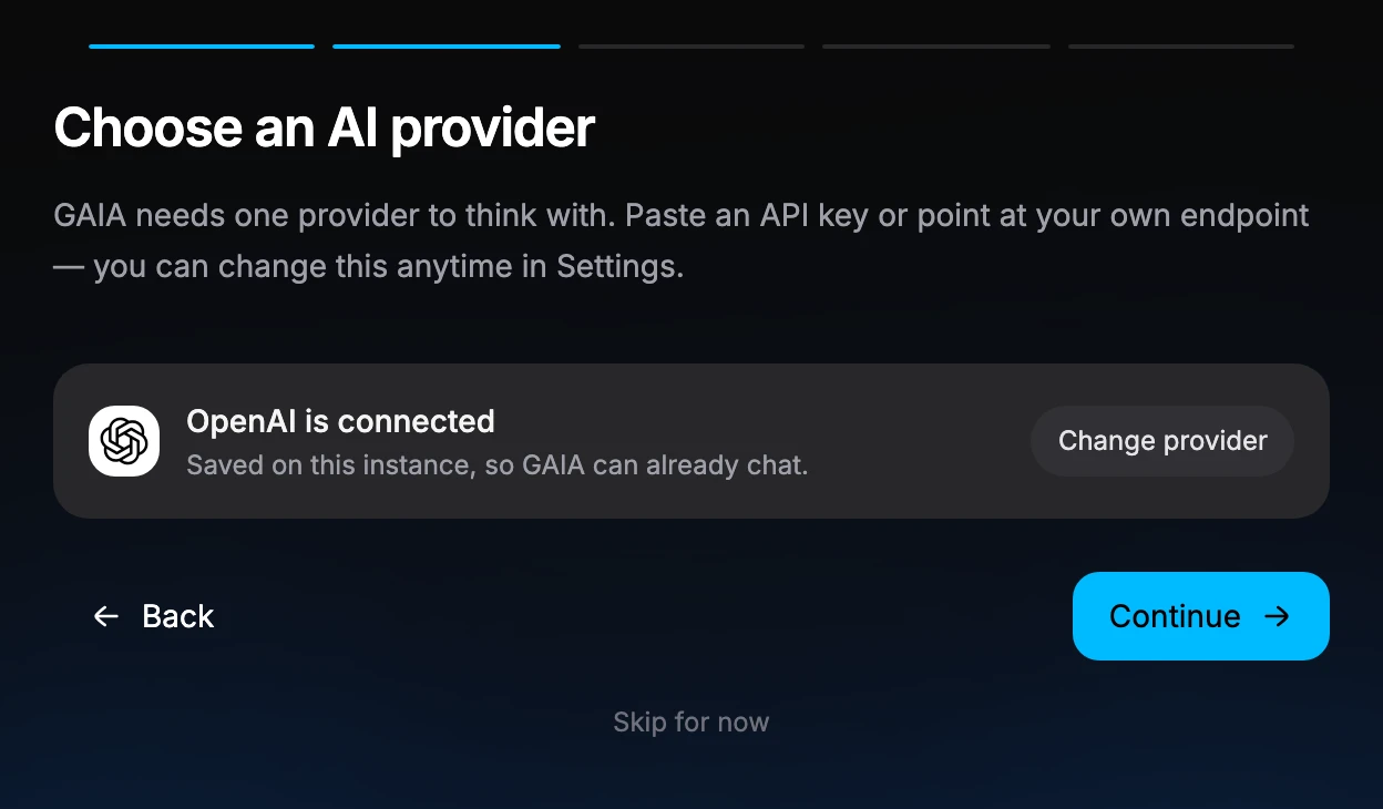 Setup step titled Choose an AI provider, showing OpenAI is connected and saved on this instance, with Change provider, Back, Continue and Skip for now