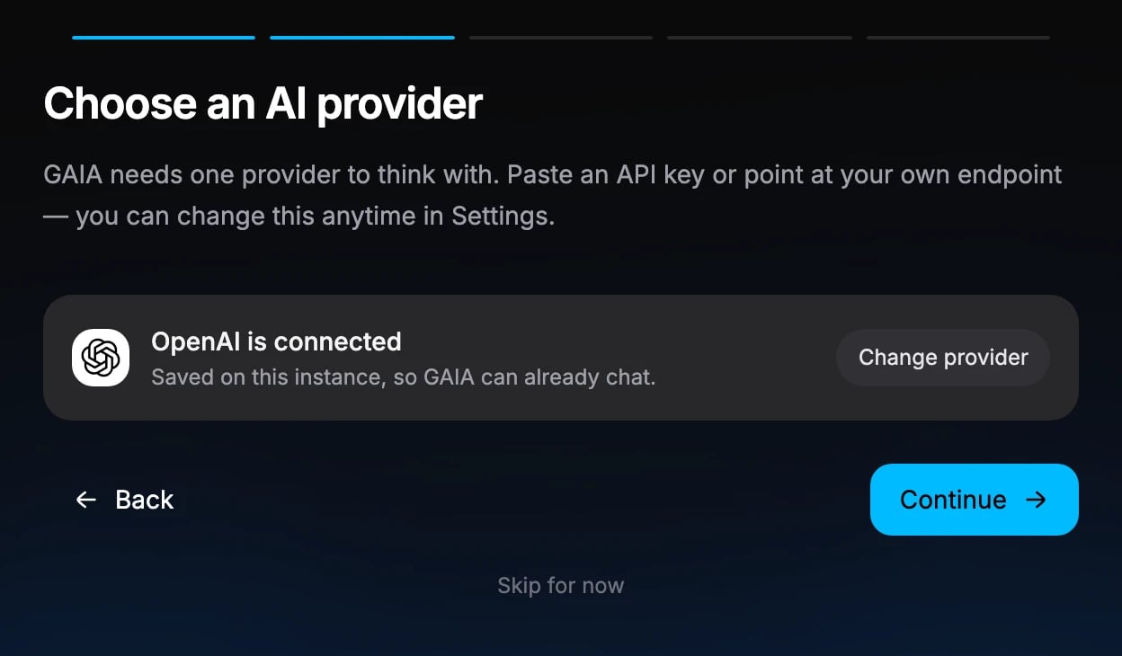Setup step titled Choose an AI provider, showing OpenAI is connected and saved on this instance, with Change provider, Back, Continue and Skip for now