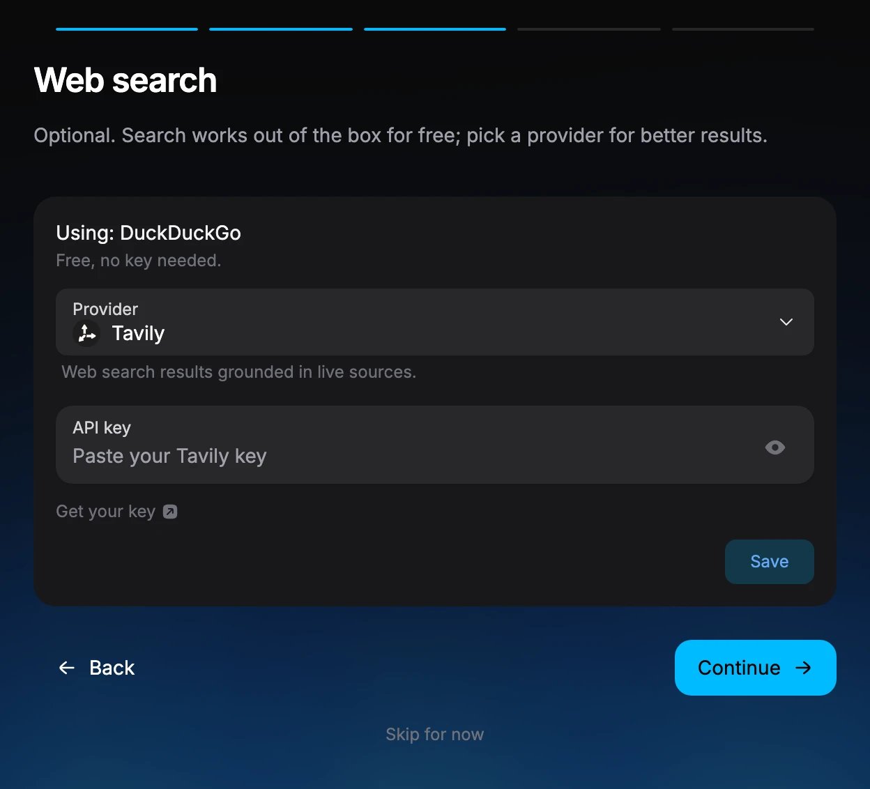 Setup step titled Web search, using DuckDuckGo for free with no key, a Provider picker set to Tavily with an API key field and a Save button, and Back, Continue and Skip for now