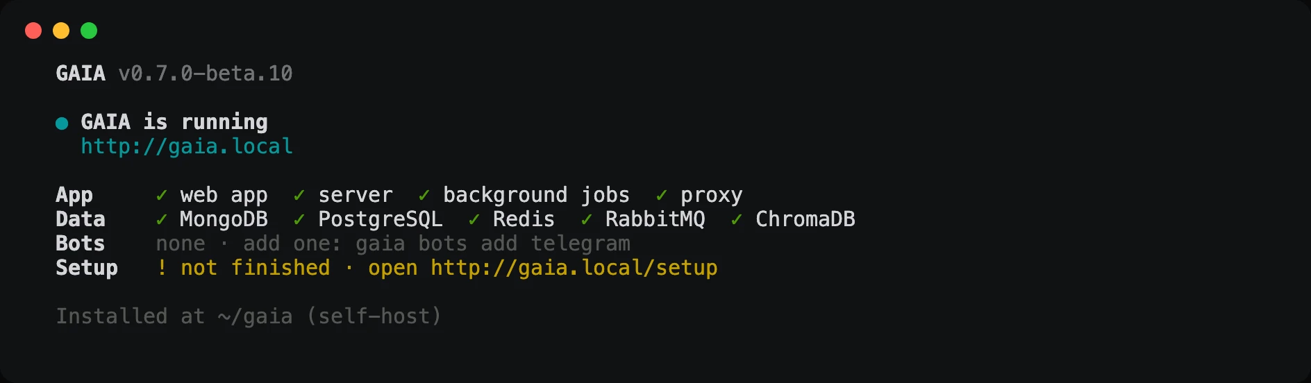 Terminal output of gaia status: GAIA is running at its .local address; the web app, server, background jobs and proxy, and MongoDB, PostgreSQL, Redis, RabbitMQ and ChromaDB all checked; no bots yet; setup not finished, with the link to finish it