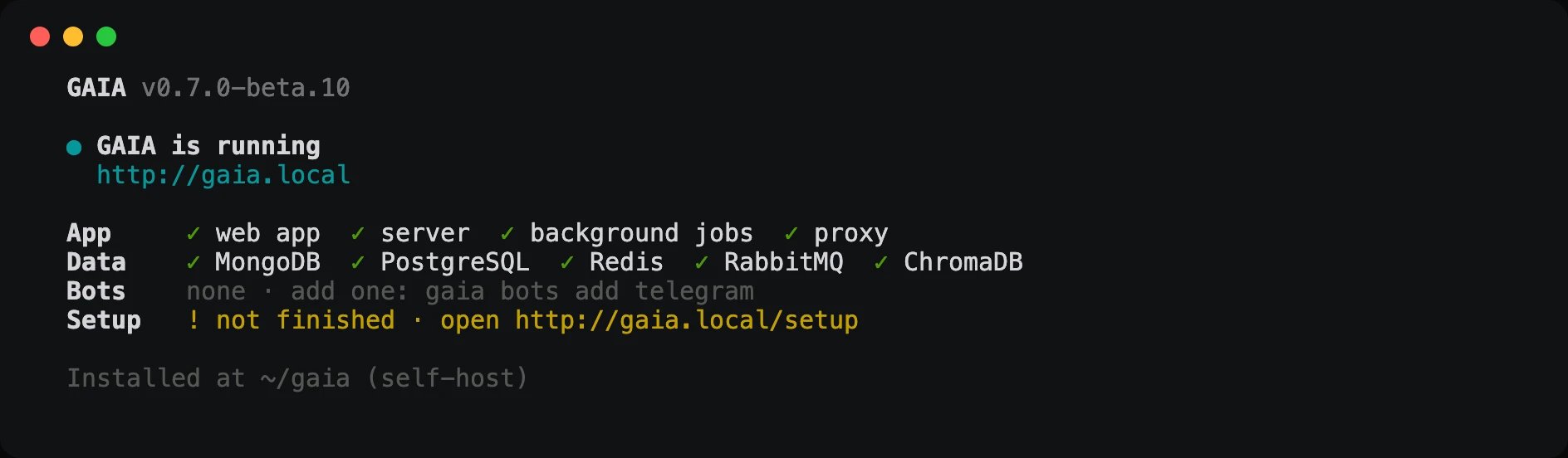 Terminal output of gaia status: GAIA is running at its .local address; the web app, server, background jobs and proxy, and MongoDB, PostgreSQL, Redis, RabbitMQ and ChromaDB all checked; no bots yet; setup not finished, with the link to finish it