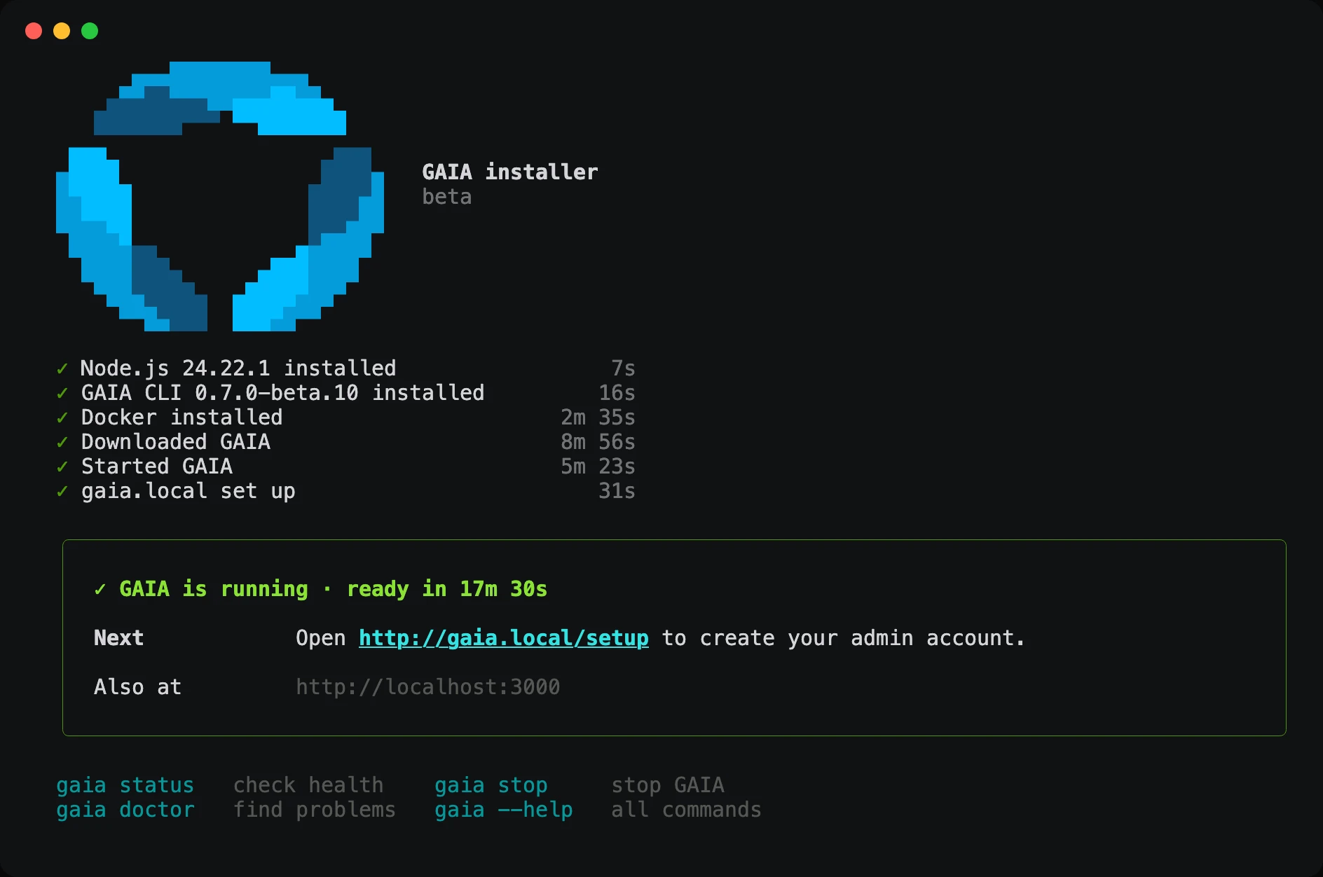 The end of a GAIA install: every step checked with its time, then a box reading GAIA is running, ready in 10m 24s, Next: open the .local setup link to create your admin account, also at http://localhost:3000, and the gaia status, stop, doctor and help commands below