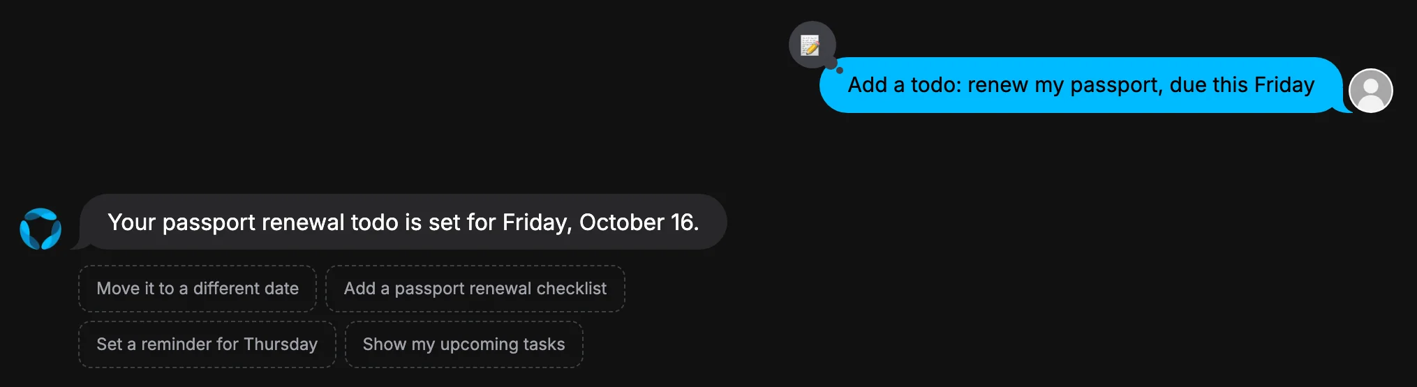 Chat where the user asks to add a todo to renew their passport by Friday, and GAIA confirms it is set for Friday, October 16