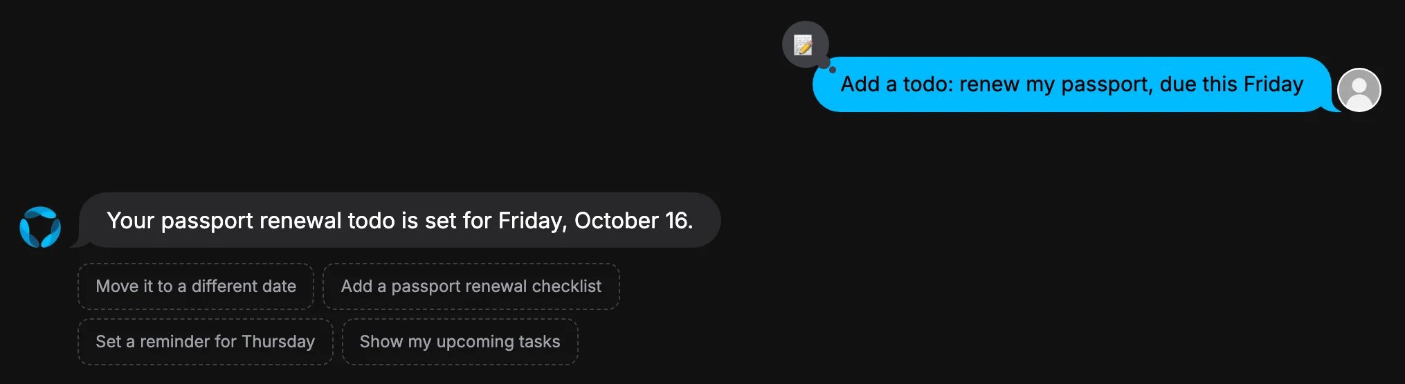 Chat where the user asks to add a todo to renew their passport by Friday, and GAIA confirms it is set for Friday, October 16