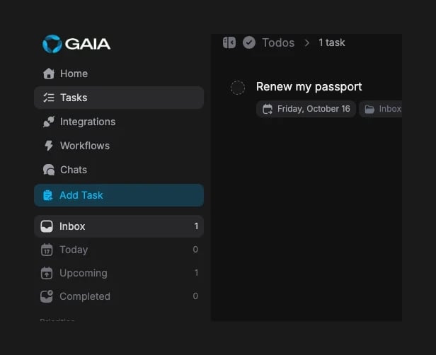Tasks page listing the todo Renew my passport, due Friday, October 16, in the Inbox