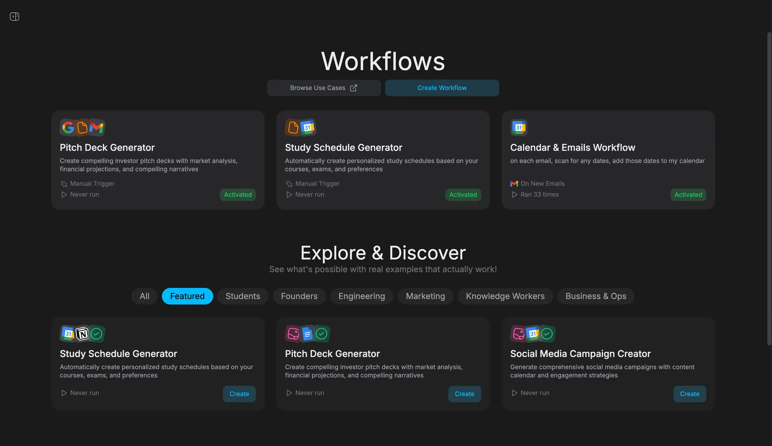 Workflows page with create button
