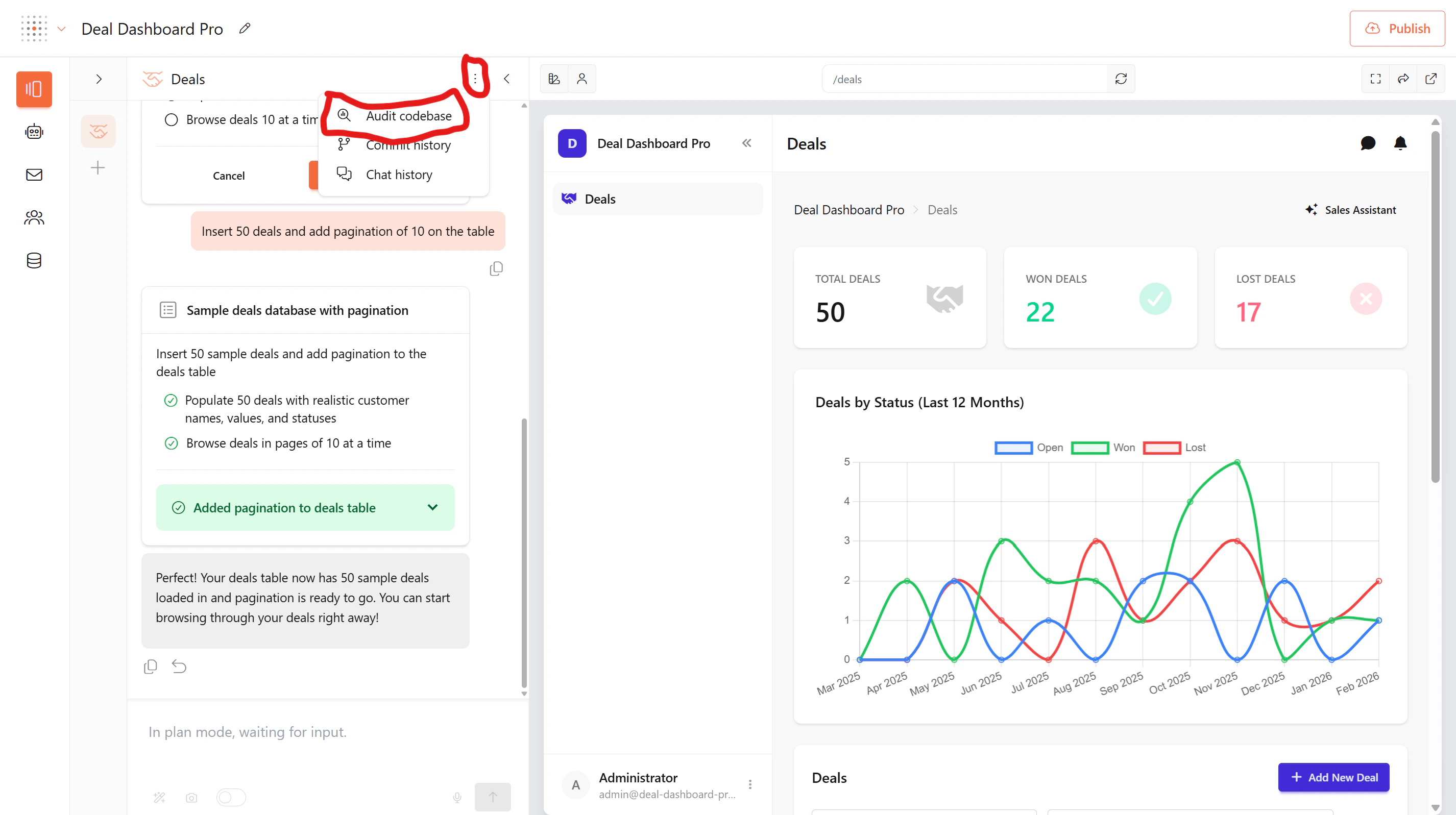 Audit codebase option in the pages panel dropdown menu