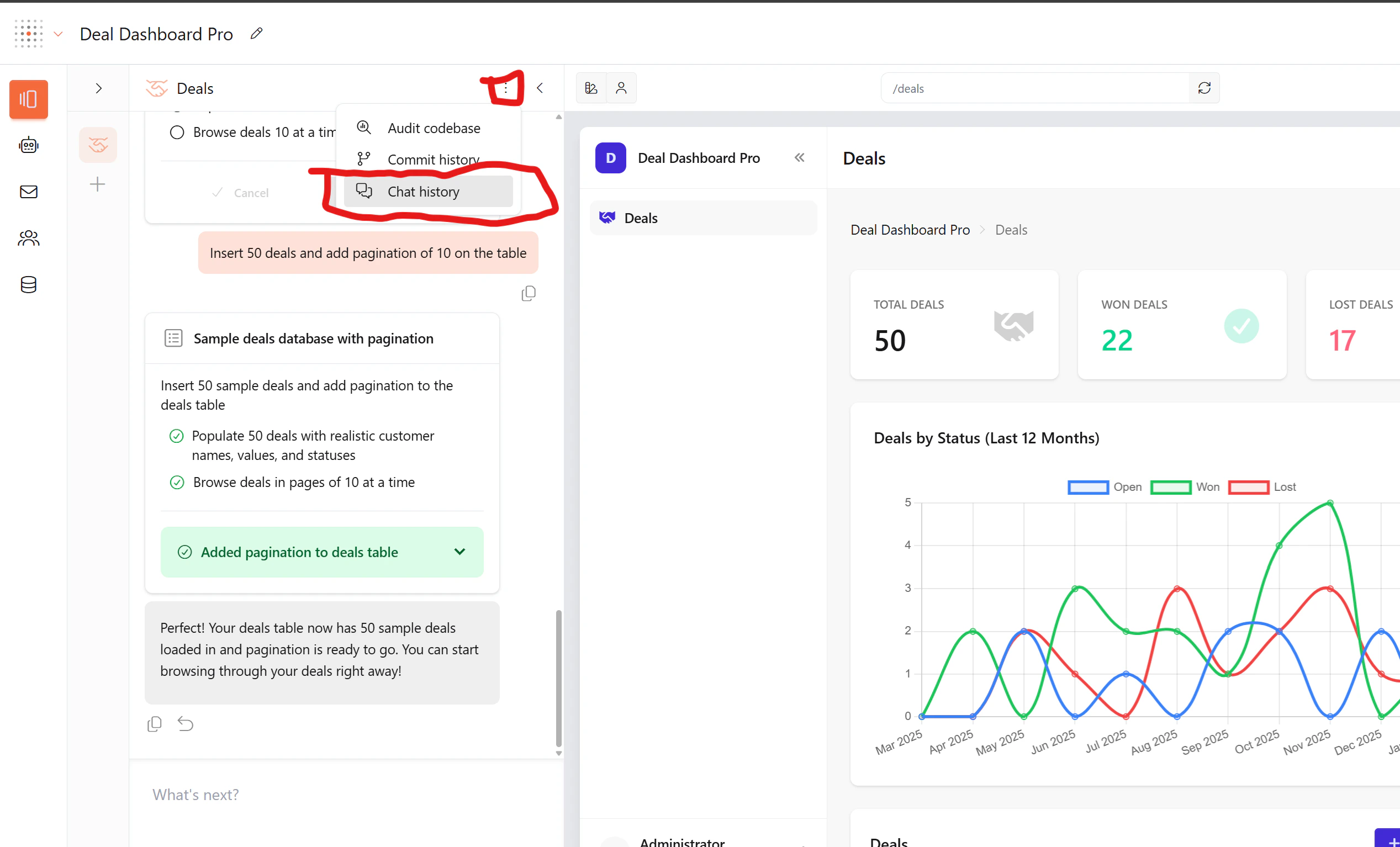 Chat history option in the pages panel dropdown menu