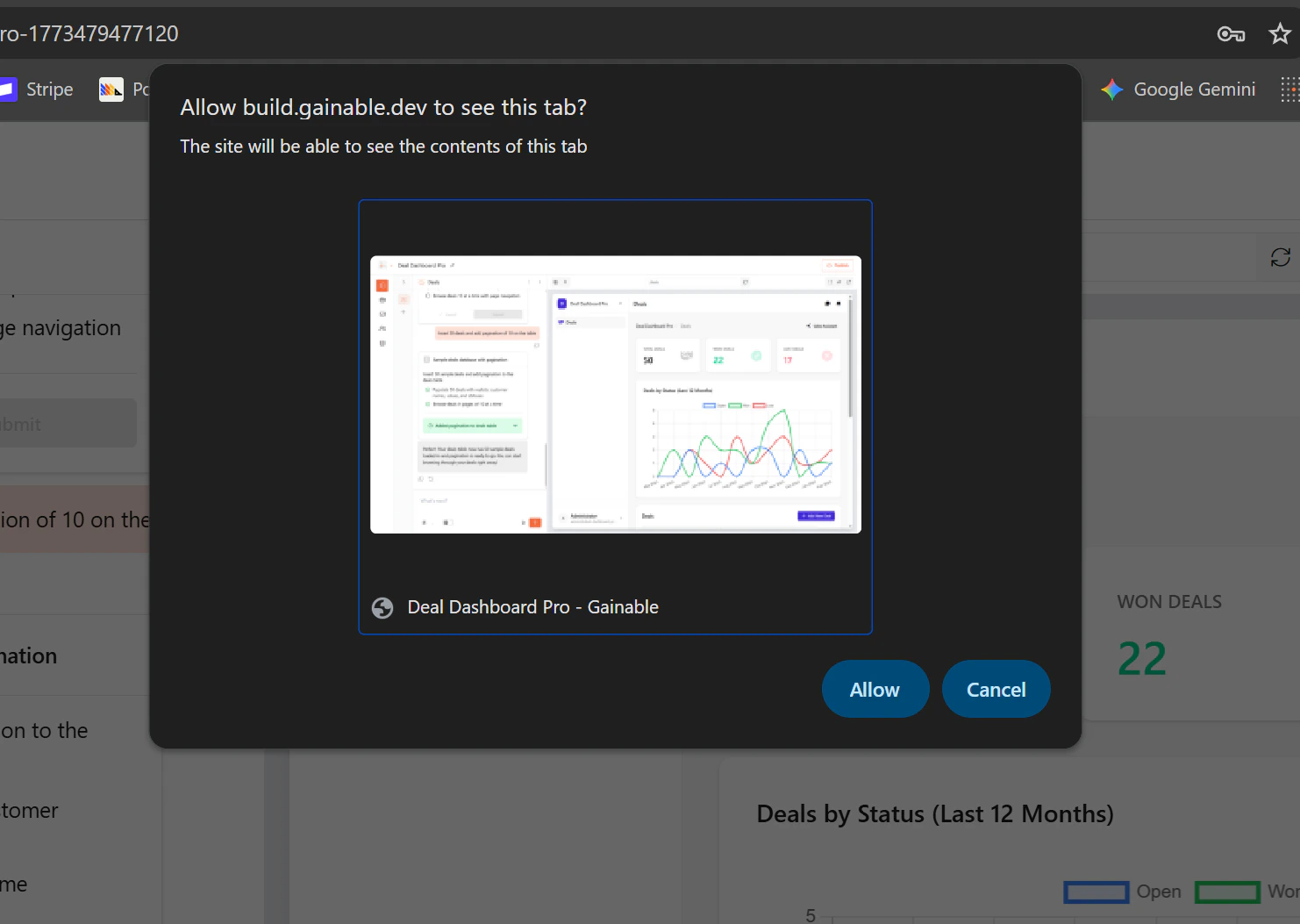 Browser permission dialog to capture the tab