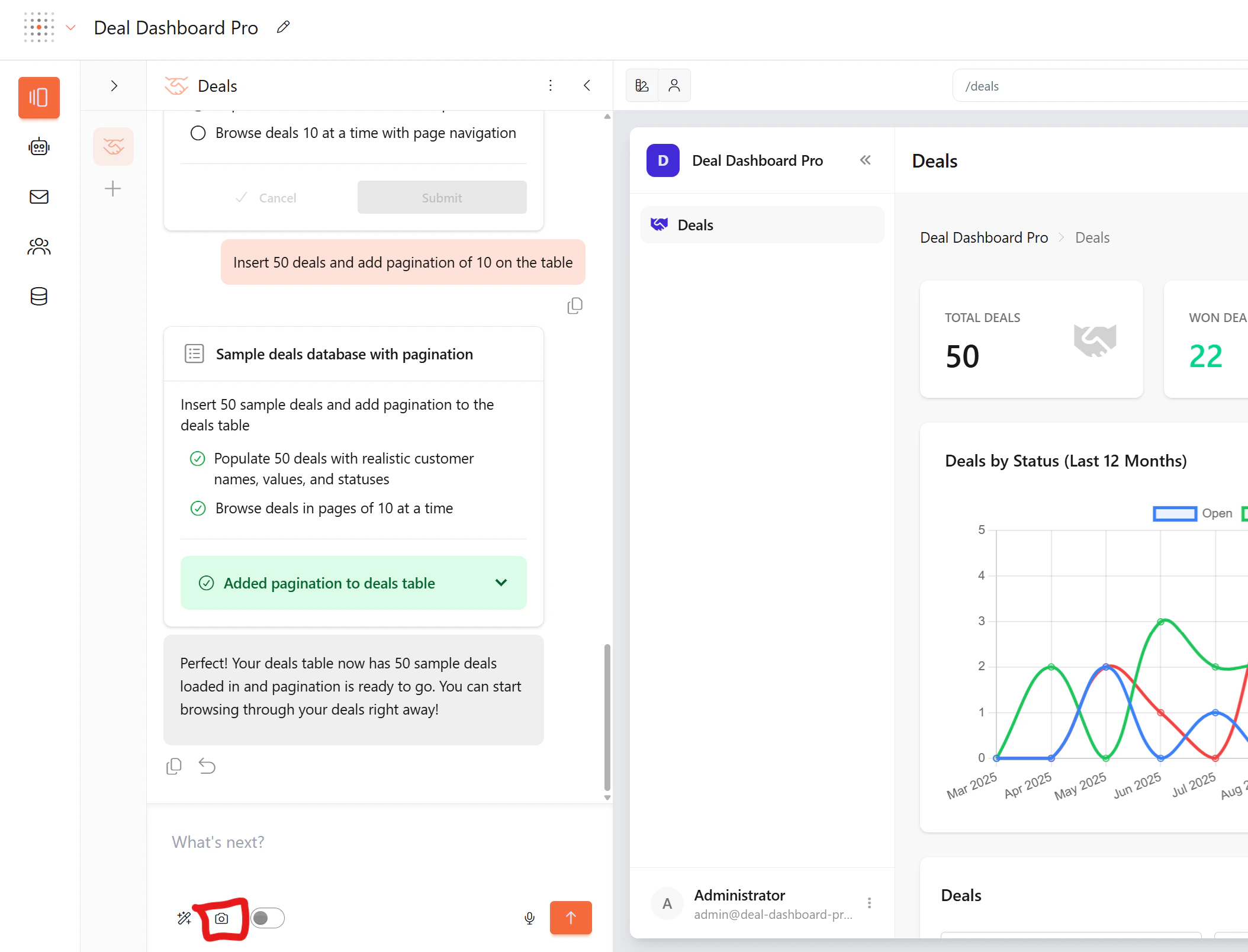 Screenshot button in the chat toolbar