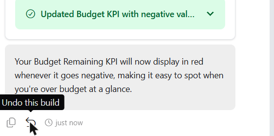 A completed build's summary message with the Undo this build button beneath it