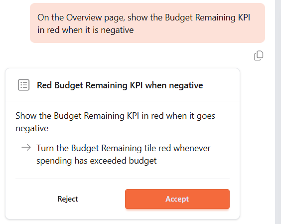 A plan card in the chat panel, with a title, a summary, a one-item checklist, and Reject and Accept buttons