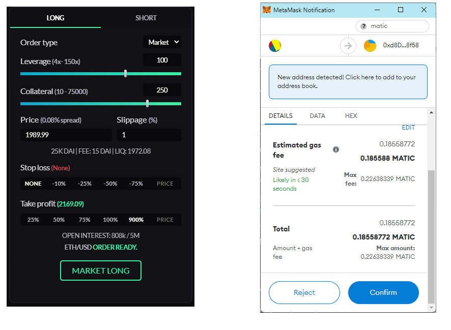 Trade parameters and MetaMask confirmation.