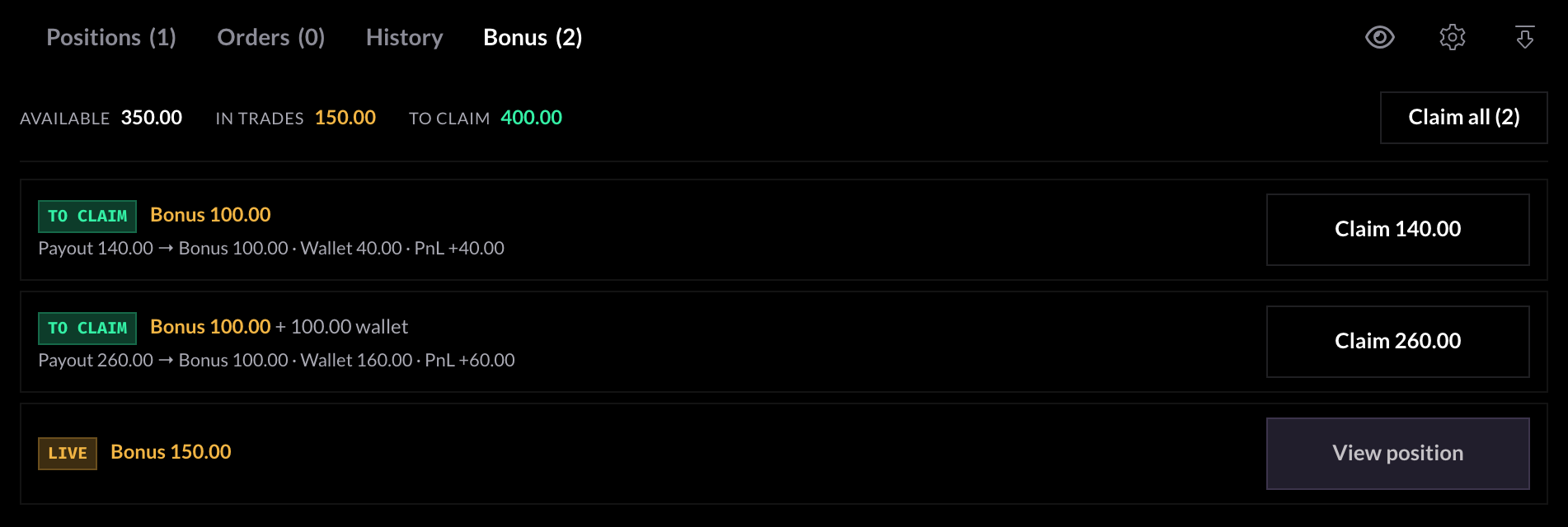 Bonus tab showing Available 350.00, In trades 150.00 and To claim 400.00, a Claim all button, two rows to claim (payout 140.00 split into 100.00 Bonus and 40.00 wallet, payout 260.00 split into 100.00 Bonus and 160.00 wallet) and one live row.