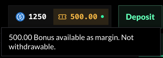 Navigation bar showing 1250 USDC in the wallet and a Bonus balance of 500.00, with its tooltip: 500.00 Bonus available as margin. Not withdrawable.