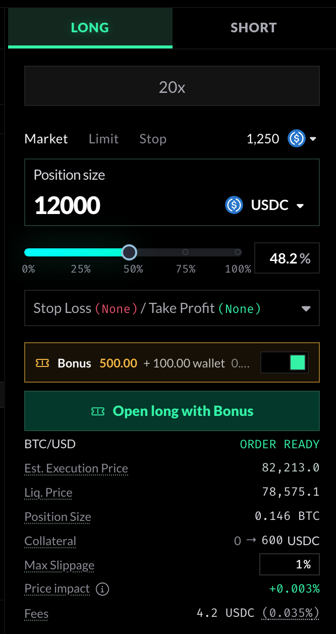 The same panel for a 12000 USDC position. The Bonus row reads 500.00 plus 100.00 wallet.