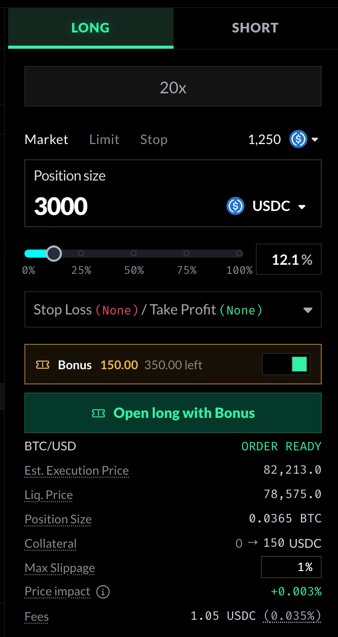 Trading panel on BTC/USD, long at 20x for a 3000 USDC position. The Bonus switch is on, using 150.00 Bonus with 350.00 left, and the button reads Open long with Bonus.