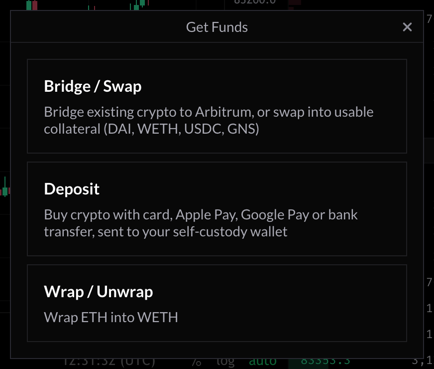 The Get Funds window with three options: Bridge / Swap, Deposit (buy crypto with card, Apple Pay, Google Pay or bank transfer), and Wrap / Unwrap.