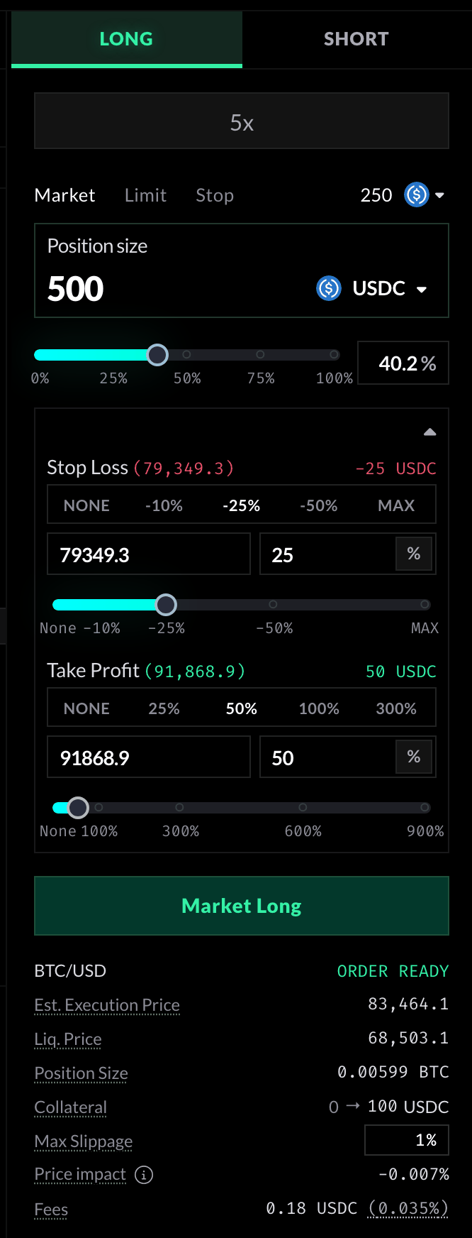 The trading panel: Long, 5x, Market, a balance of 250 USDC, a position size of 500 USDC, a stop loss at -25% (-25 USDC) and a take profit at 50% (+50 USDC), the Market Long button, then the summary: Order ready, estimated execution price, liquidation price, position size in BTC, collateral 0 to 100 USDC, max slippage 1%, price impact and fees of 0.18 USDC.