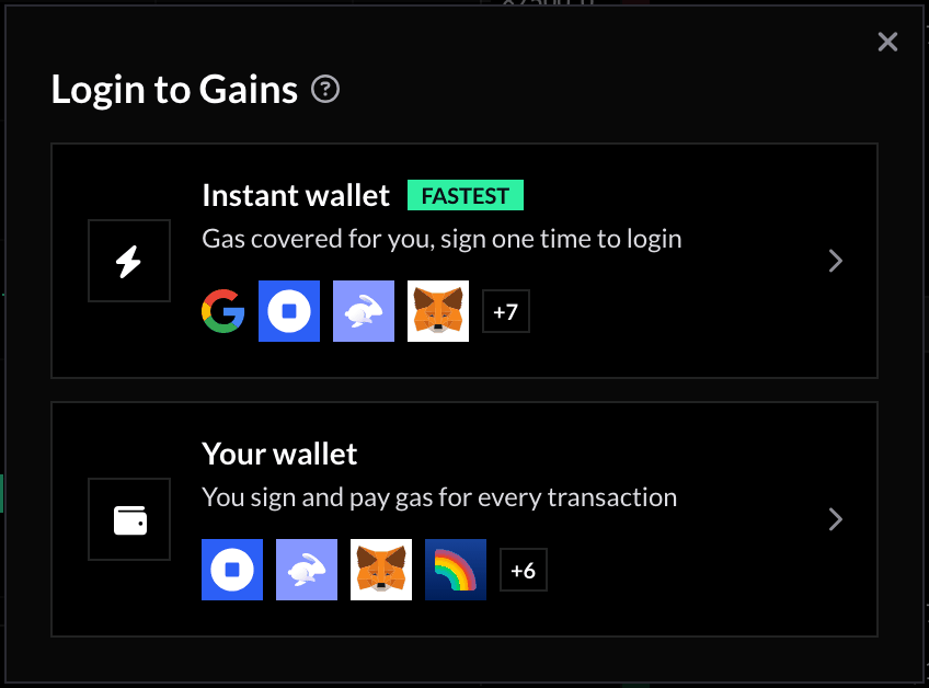 The Login to Gains window with two options: Instant wallet, tagged Fastest, and Your wallet.