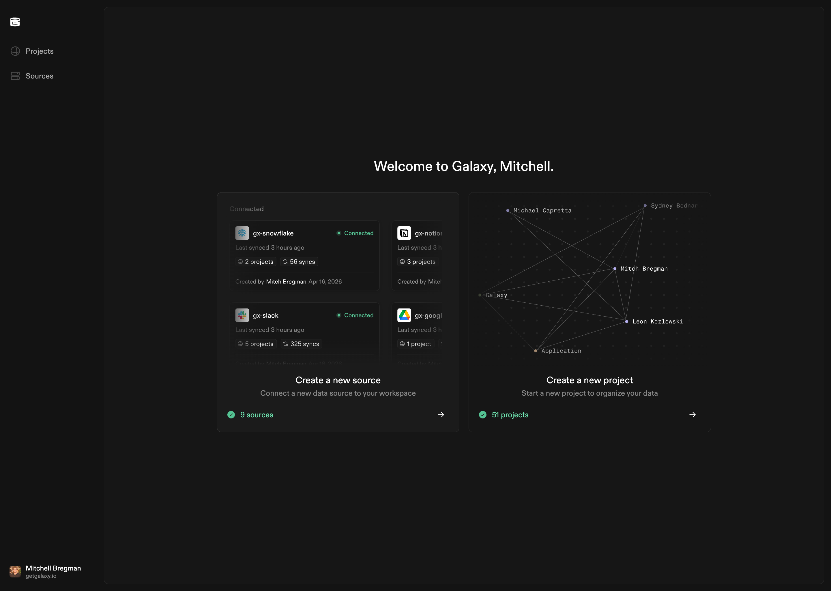 Galaxy workspace showing Sources, Projects, and navigation