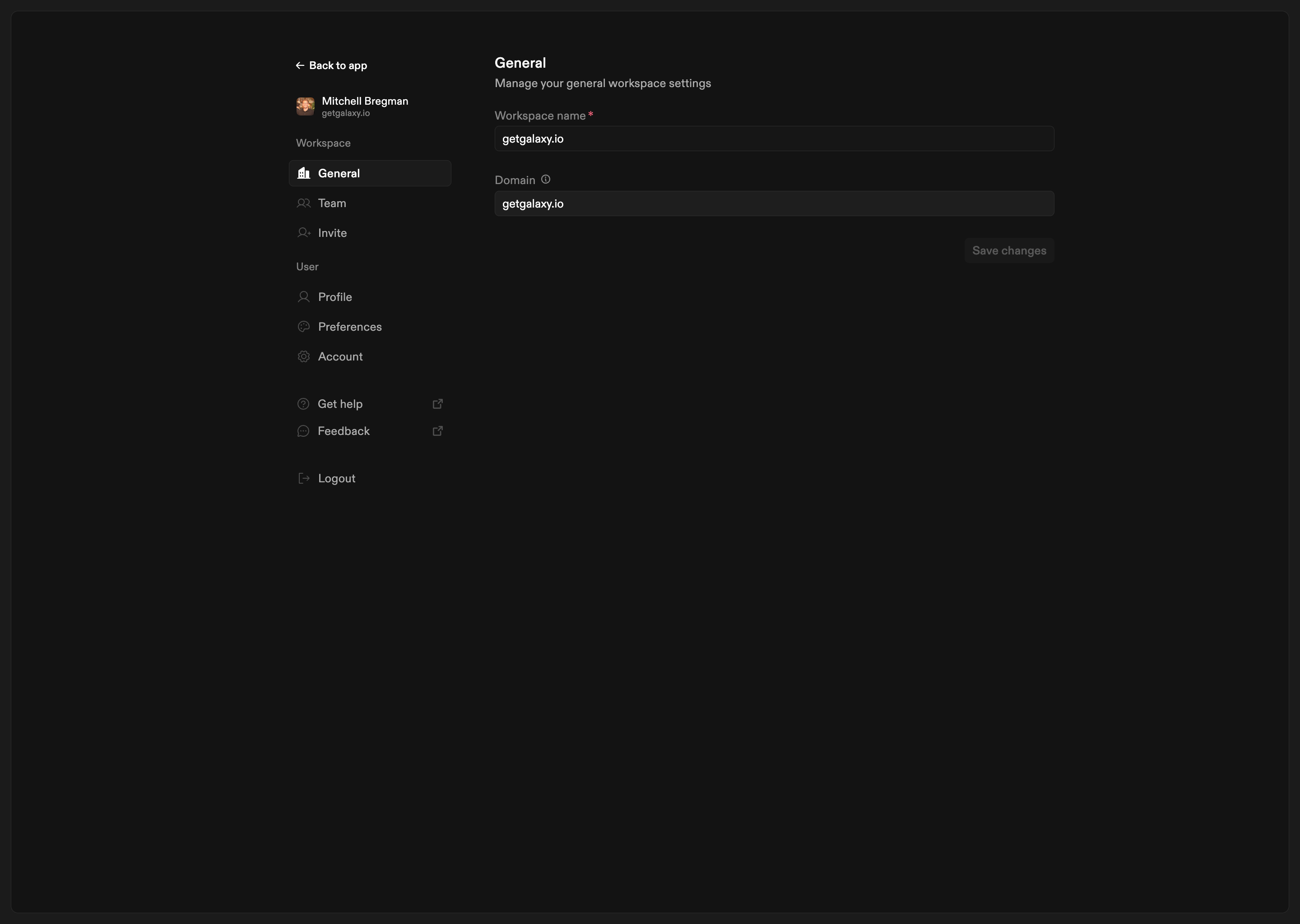 General settings page showing workspace name and domain fields