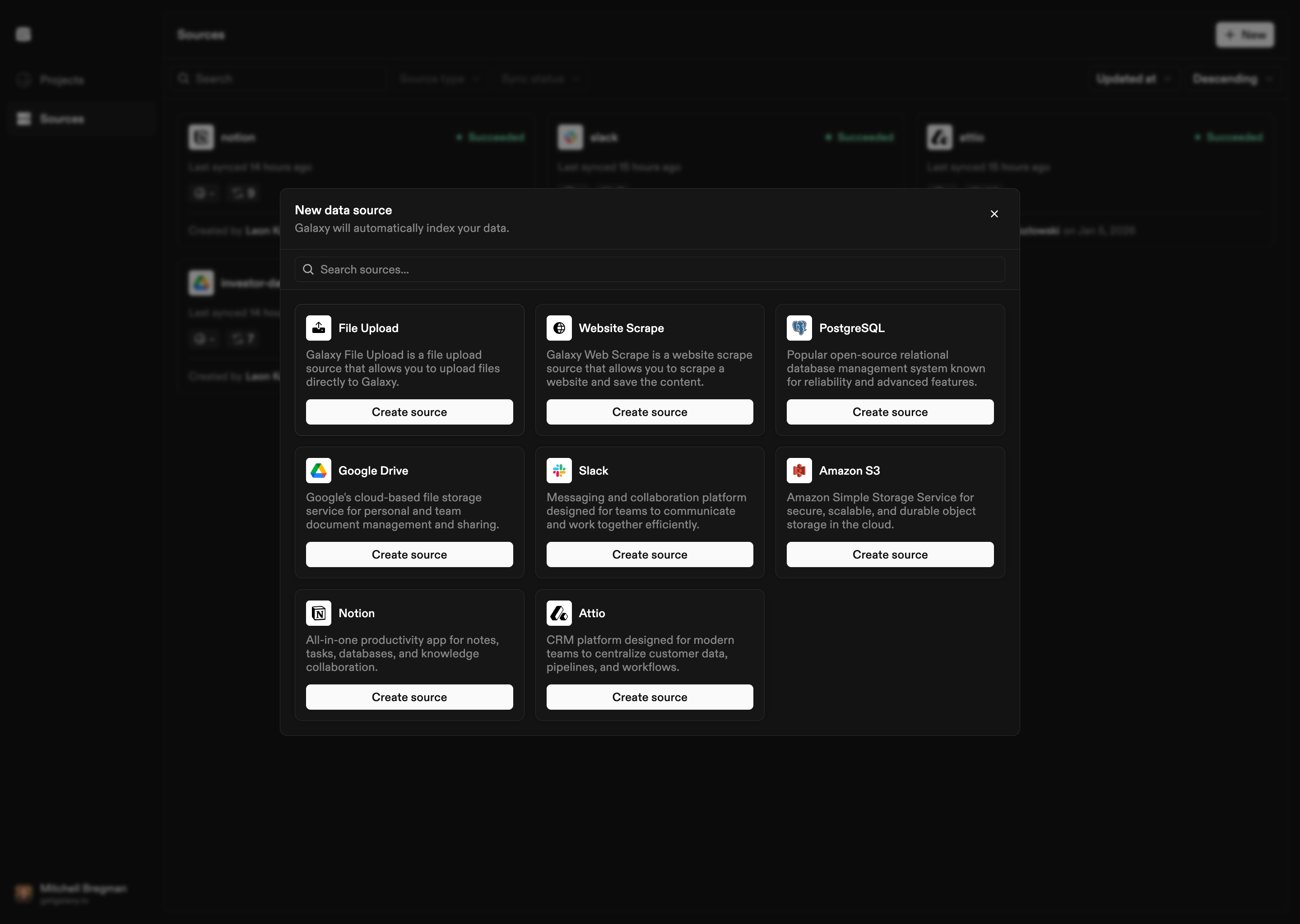 Create Source modal showing source type selection