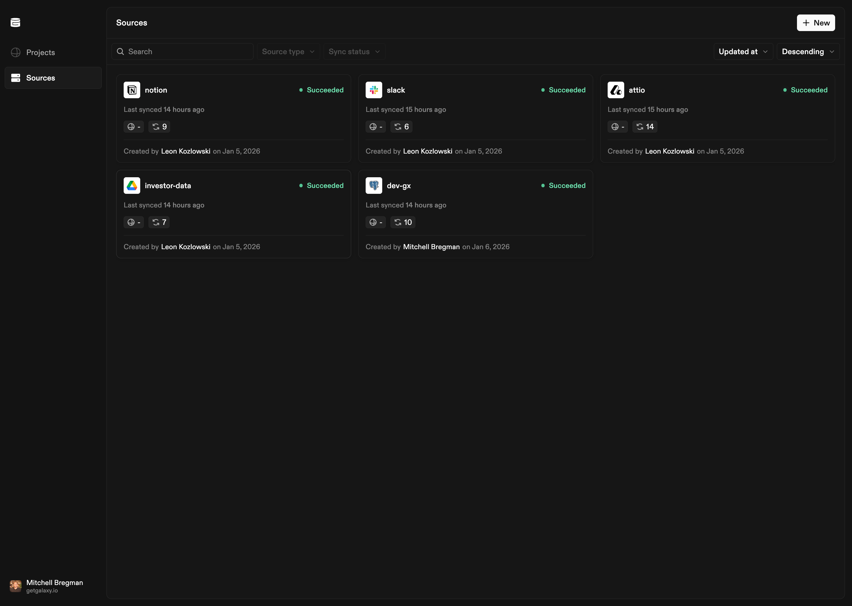 Sources page showing connected data systems