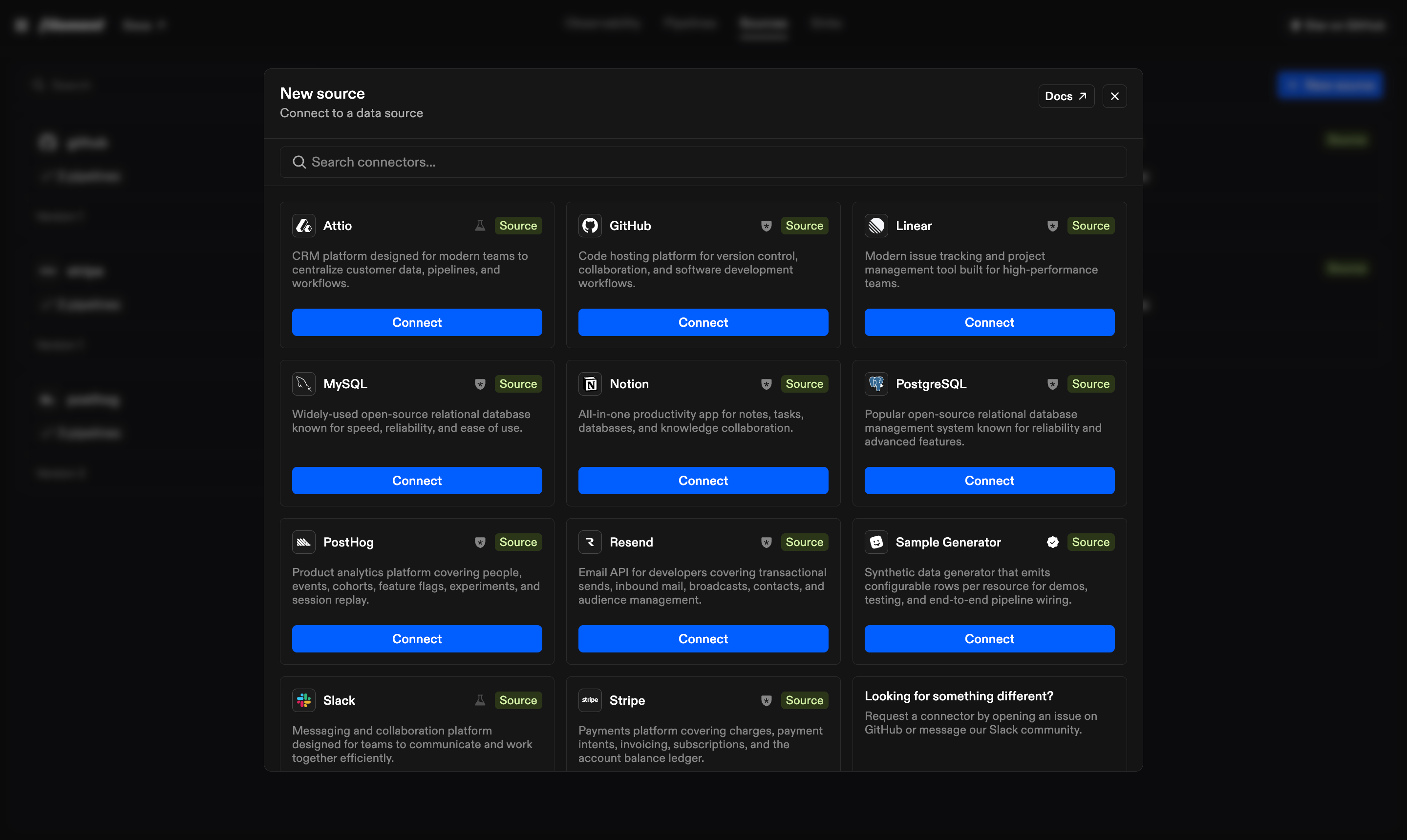 Connector catalog in dark mode