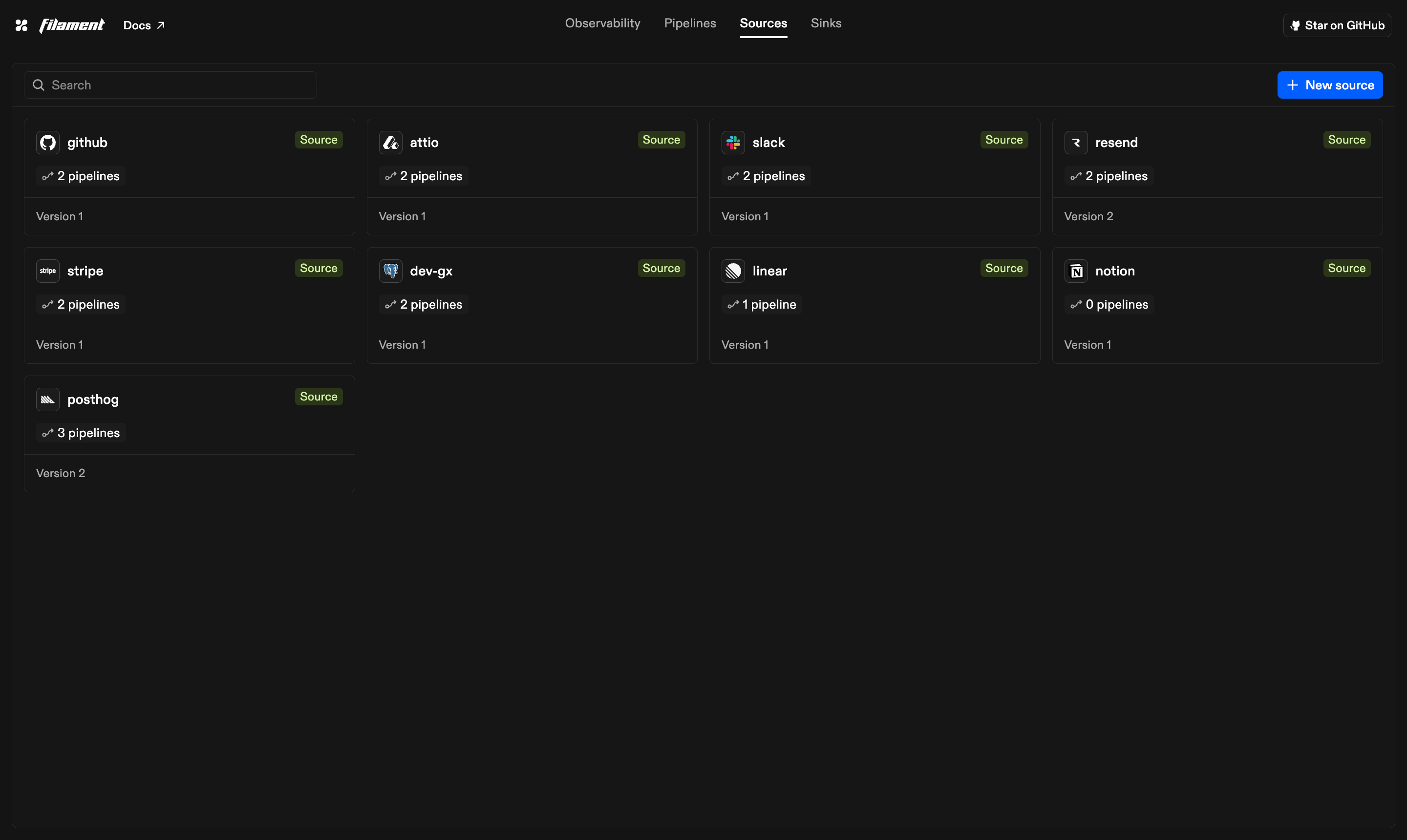 Saved source connections in dark mode