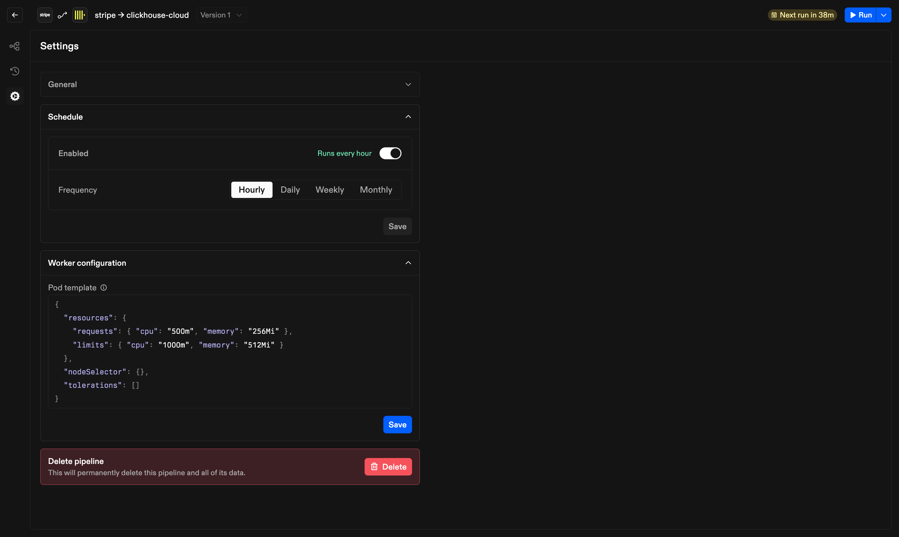 Pipeline settings in dark mode