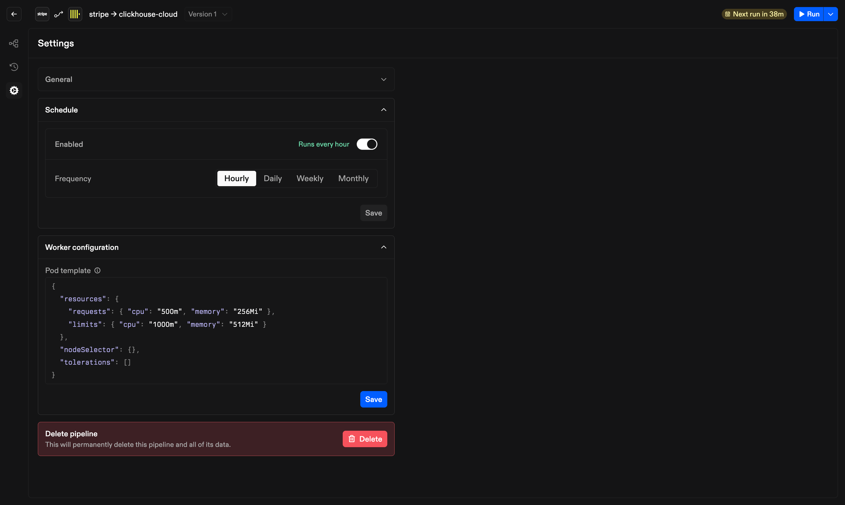 Pipeline settings in dark mode