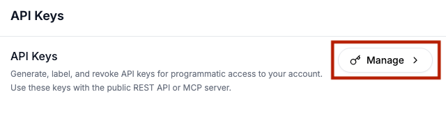 API Keys settings panel with the Manage button highlighted